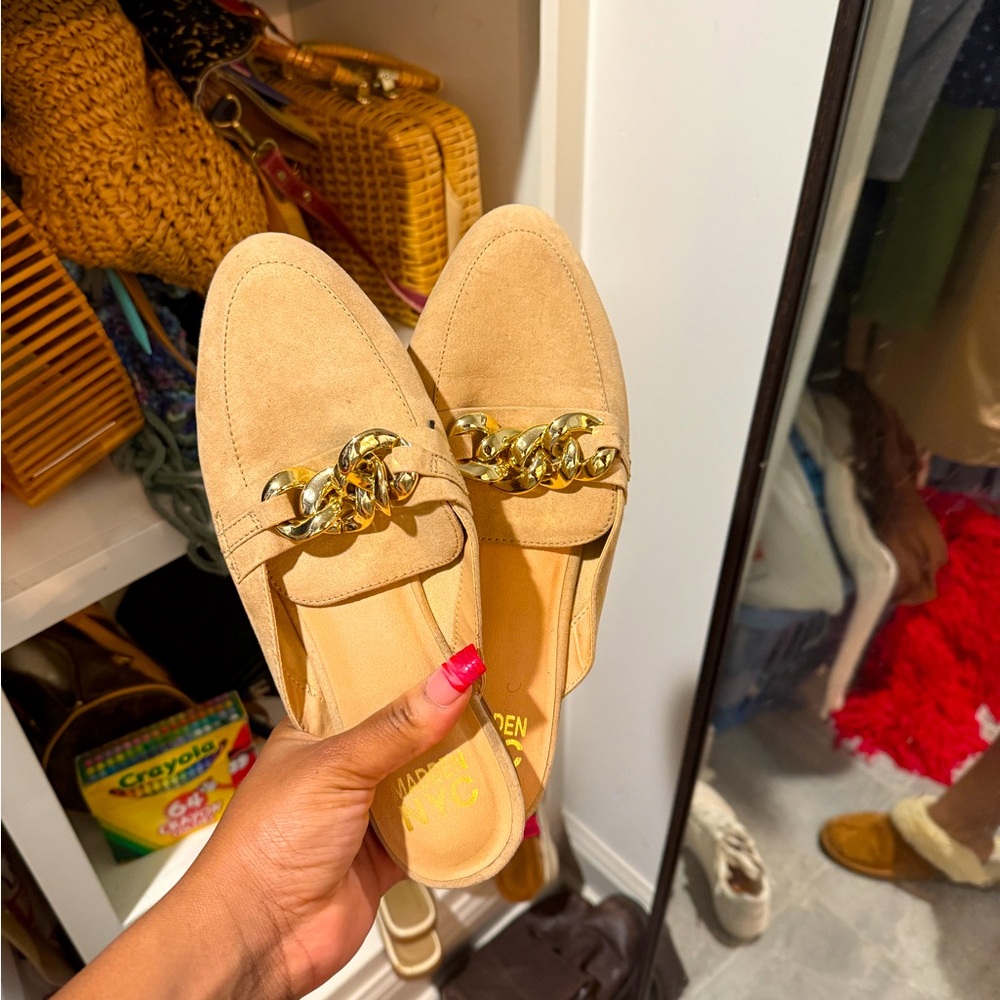 Madden NYC Slide In Beige Professionals Mules with Gold Detail